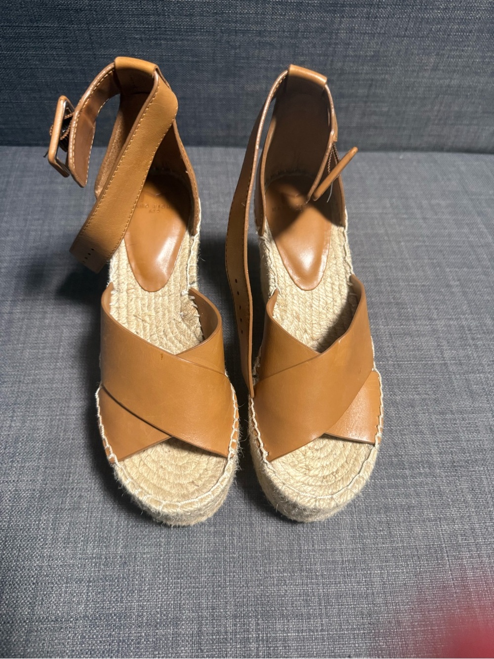 Marc Fisher Tan Leather Espadrille Wedge Sandals